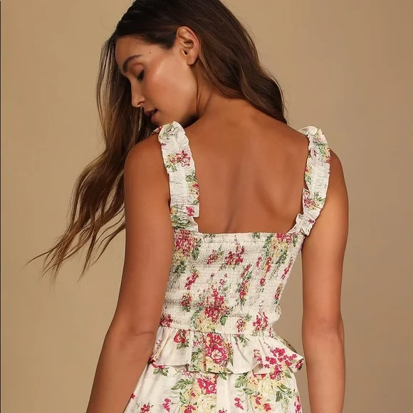 Blooming Views Beige Floral Print Ruffled Smocked Tank Top - Picture 5 of 5